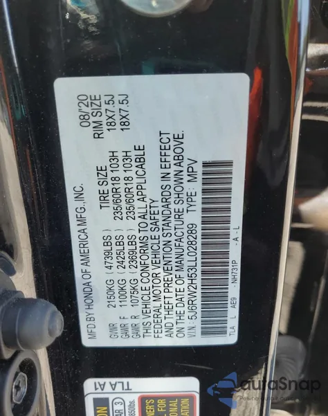 2020 Honda Cr-V Ex из США, поврежденный, VIN 5J6RW2H53LL028289